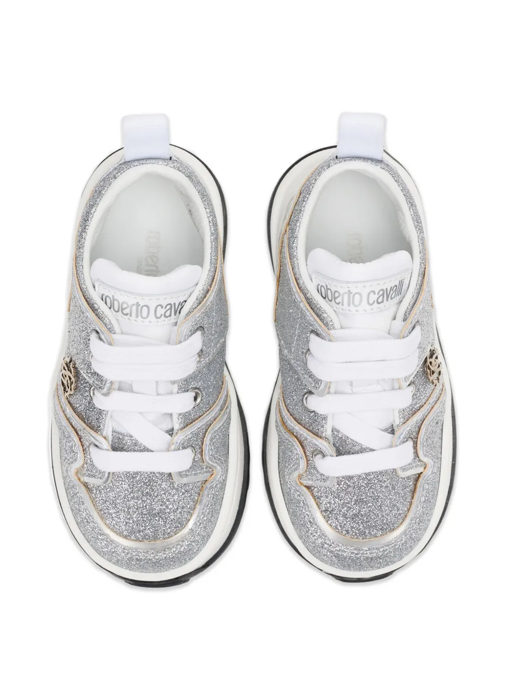 Roberto Cavalli Junior glitter-effect logo-plaque sneakers Zilver