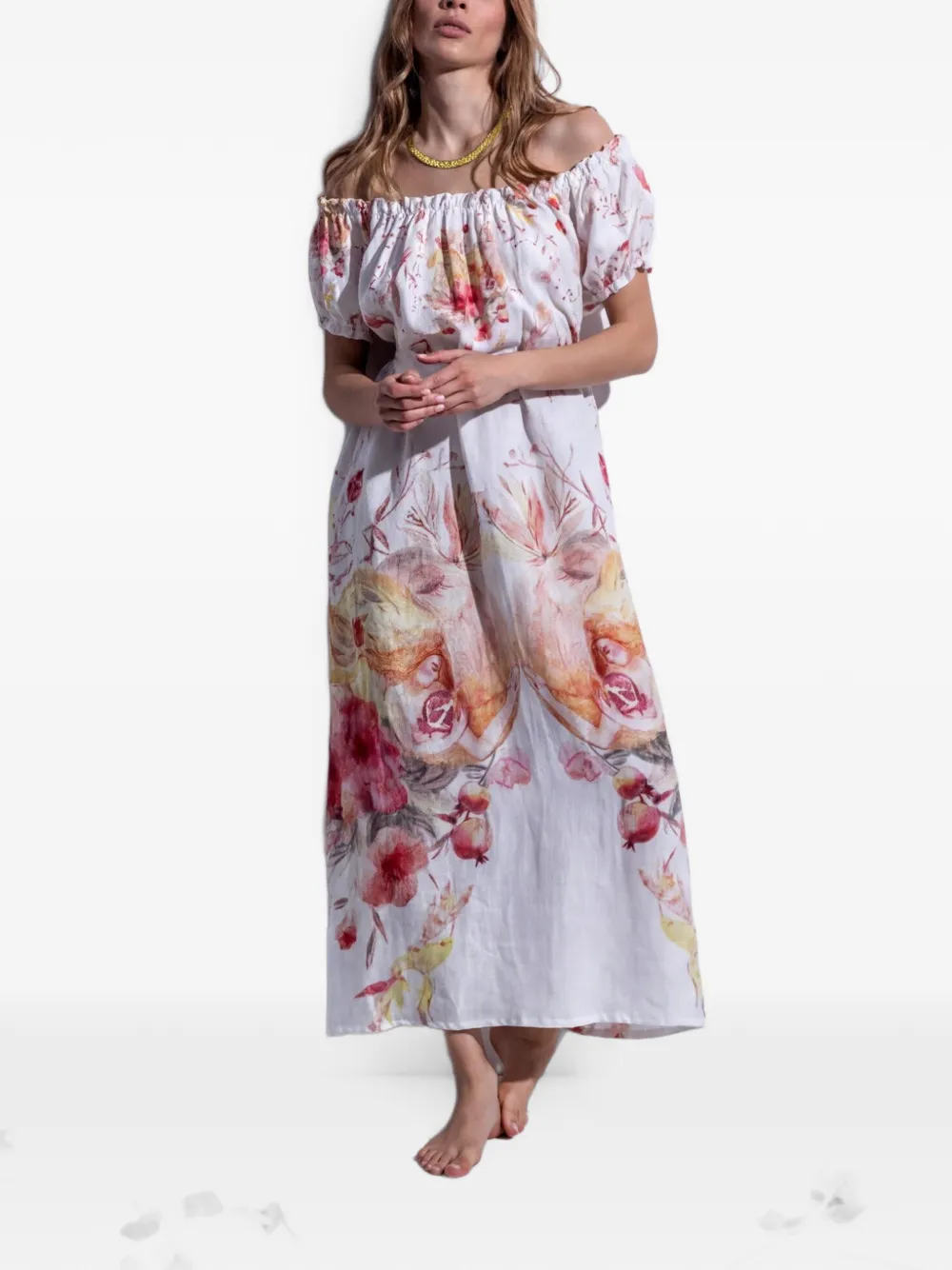 Folie Du Lin Eleis floral-print off-the-shoulder maxi dress - Bianco
