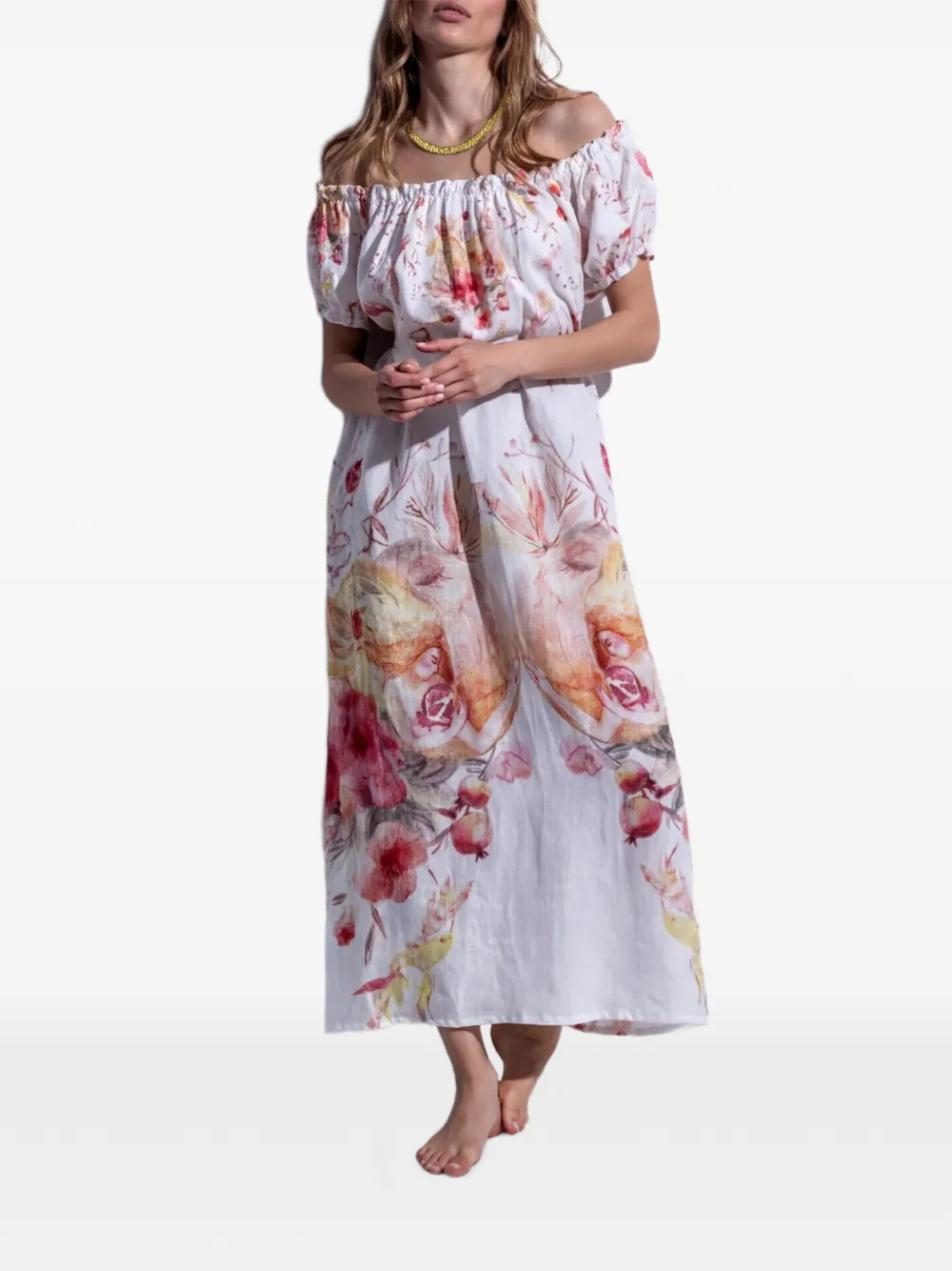 Folie Du Lin Eleis floral-print off-the-shoulder maxi dress - Bianco