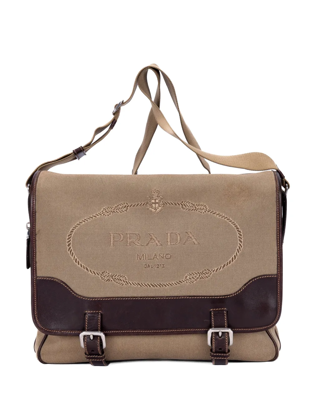 Prada Pre-Owned logo-embroidered buckle-fastening messenger bag - Neutrals