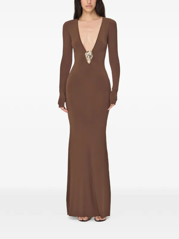 dresses with gold hardware KOROBEYNIKOV gold-tone Maxi Dress | Brown long sleeve dresses