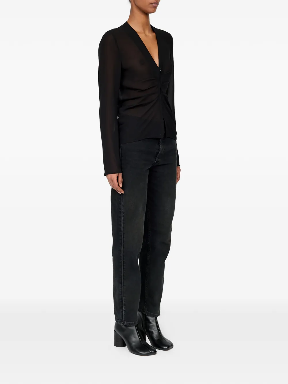 MM6 Maison Margiela Gesmockte chiffon top met V-hals Zwart