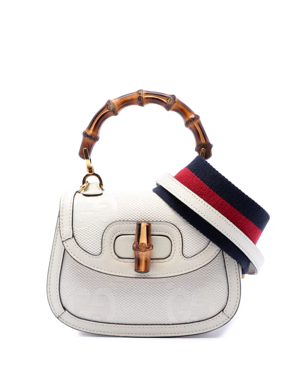 Pre-owned Gucci 2016-2026 Mini Jumbo Gg Canvas 1947 Web Bamboo Top Handle Bag Satchel In Neutral