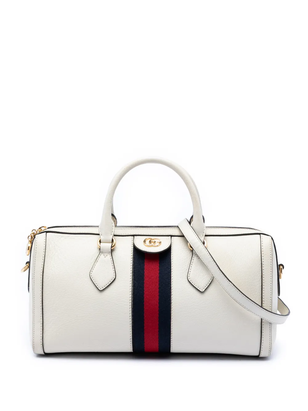Pre-owned Gucci 2016-2026 Medium Calfskin Web Ophidia Top Handle Bag Satchel In Neutral