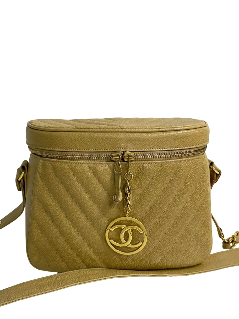 CHANEL Pre-Owned 1989-1991 CC Chevron Caviar Vanity Case with Chain crossbody bag - Toni neutri