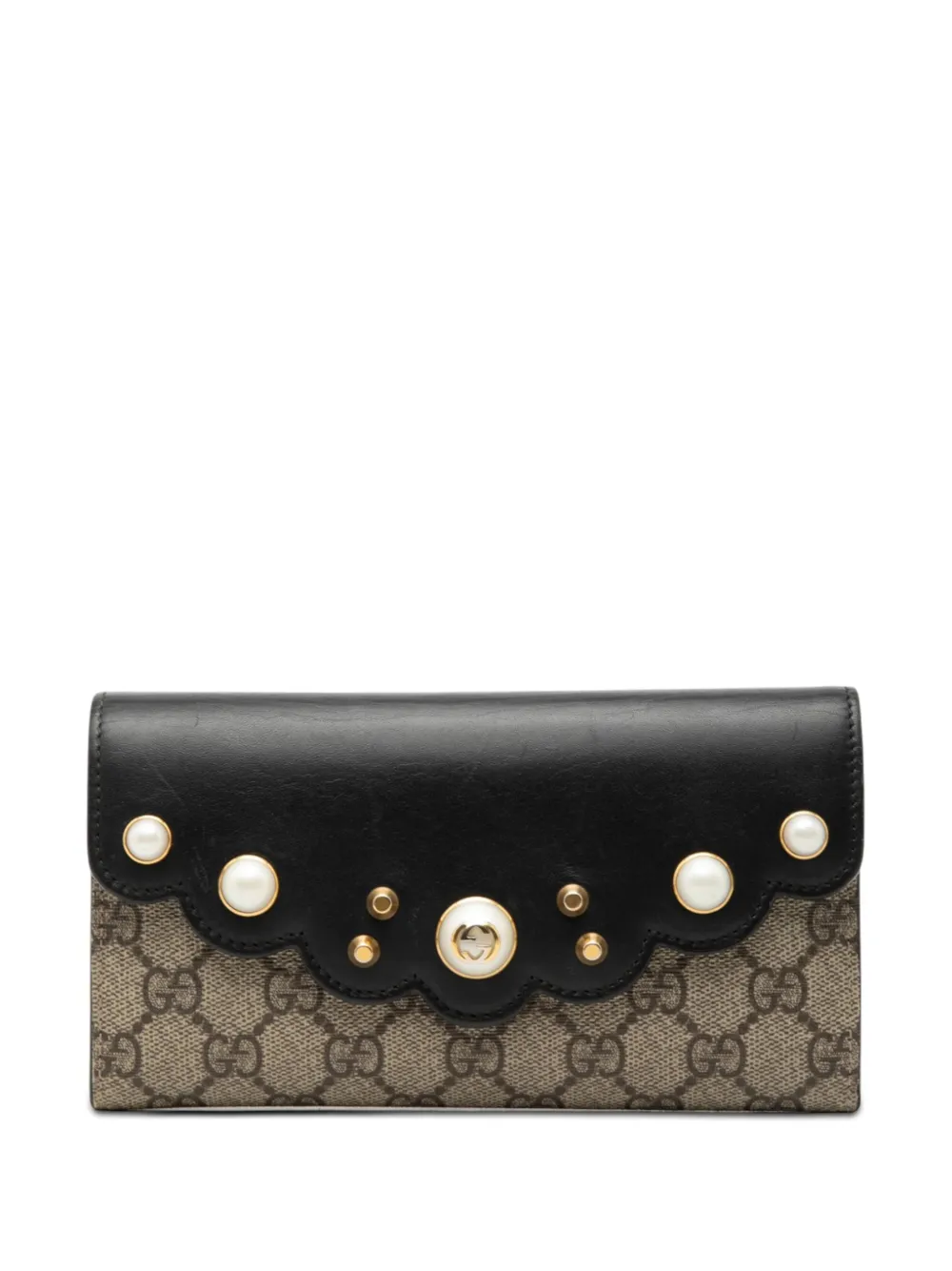 Pre-owned Gucci 2000-2015 Gg Supreme Pearl Studded Peony Wallet Long Wallets In Neutral
