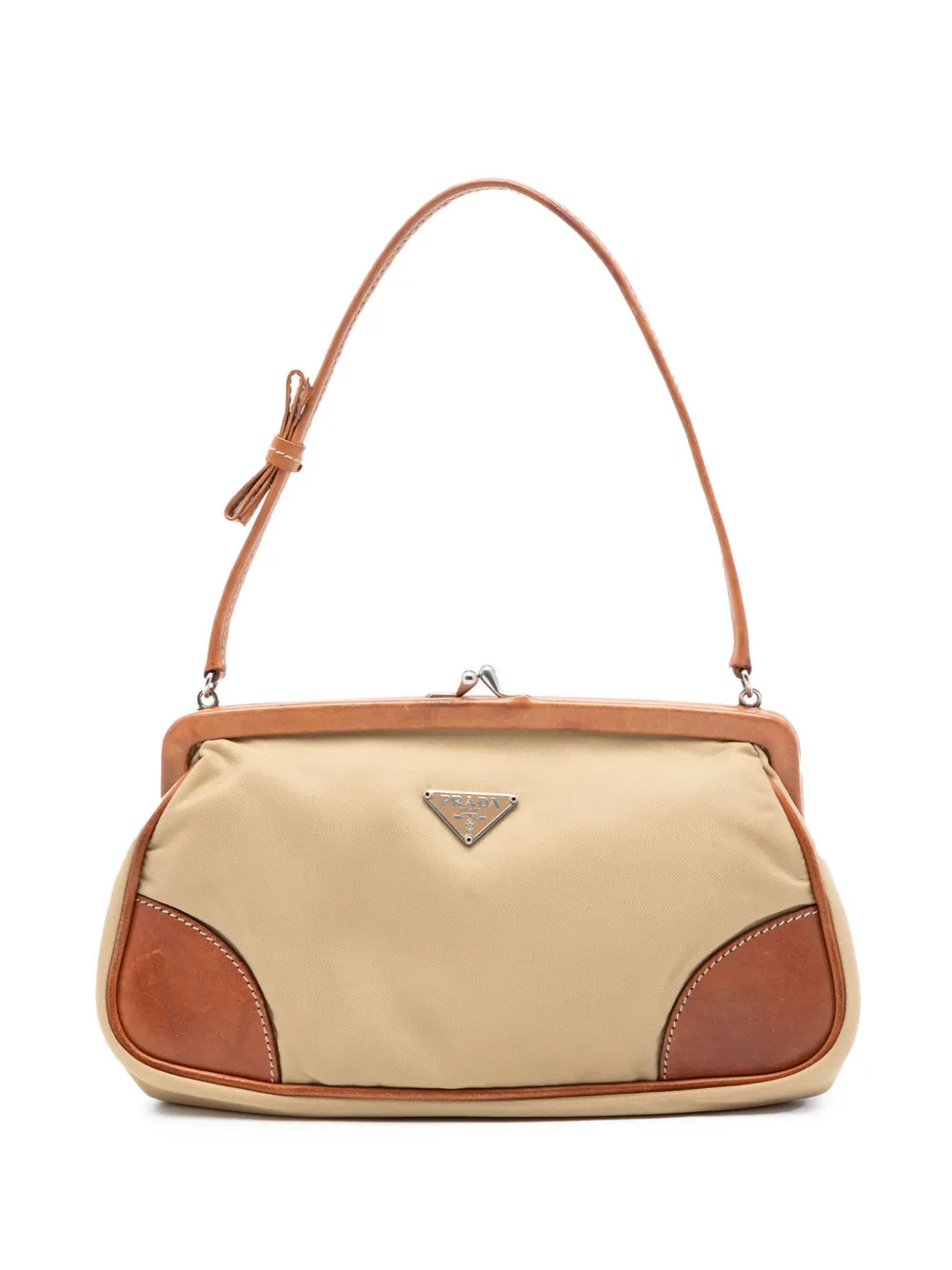 Pre-owned Prada 2000-2013 Leather Trimmed Tessuto Kisslock Frame Pochette Shoulder Bag In Neutral