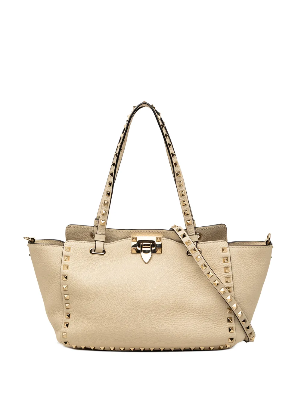 Pre-owned Valentino Garavani 2000-2017 Small Grained Calfskin Rockstud Trapeze Satchel In Neutral