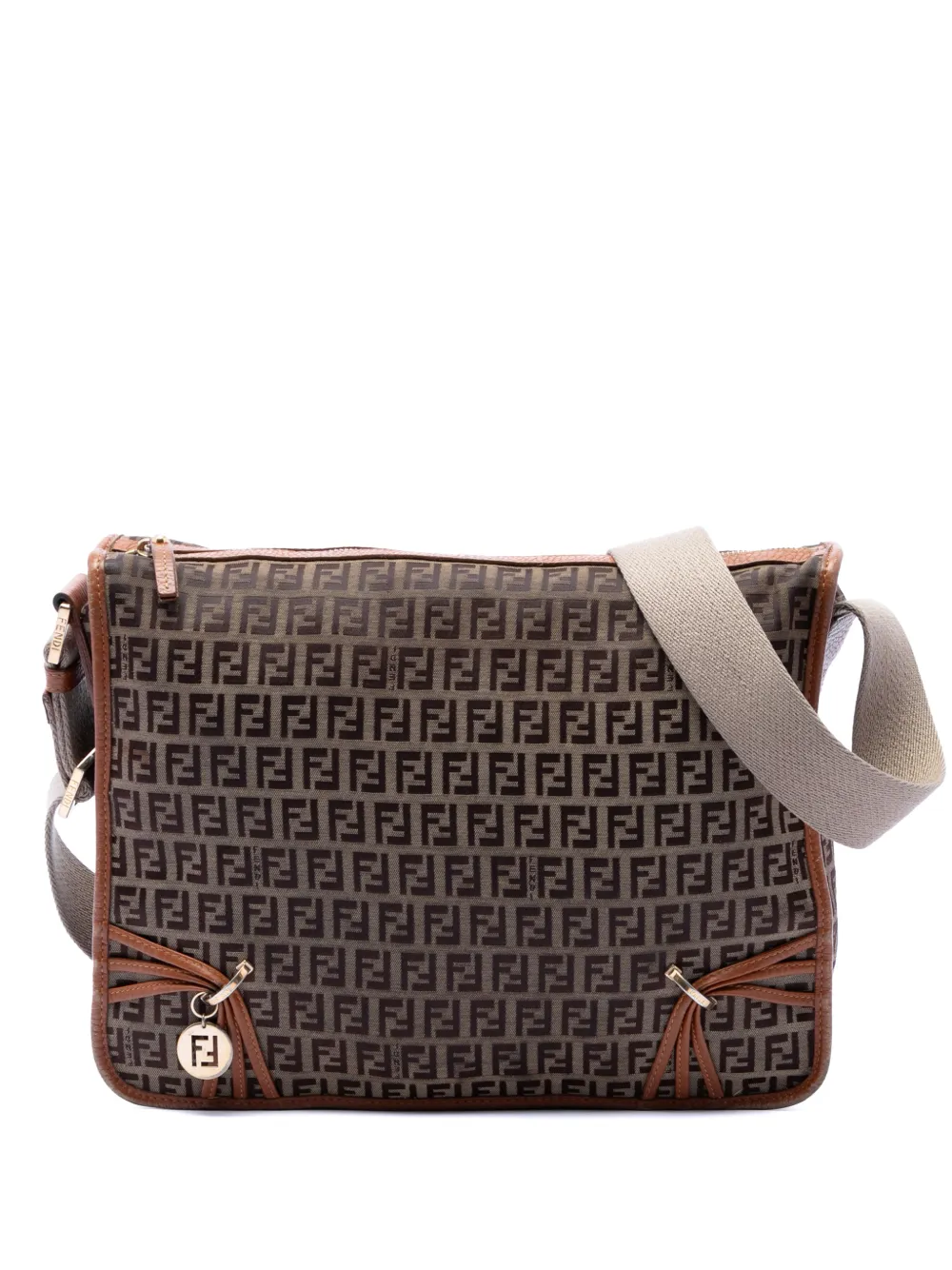 Pre-owned Fendi 2000-2010 Zucchino Canvas F Charm Crossbody Bag In Neutral