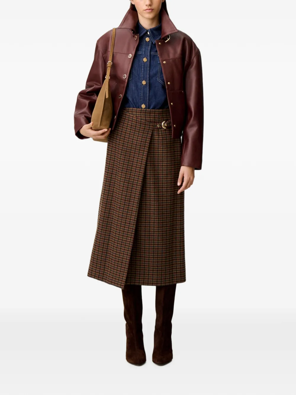 Claudie Pierlot Rechte geruite rok van wolblend Bruin