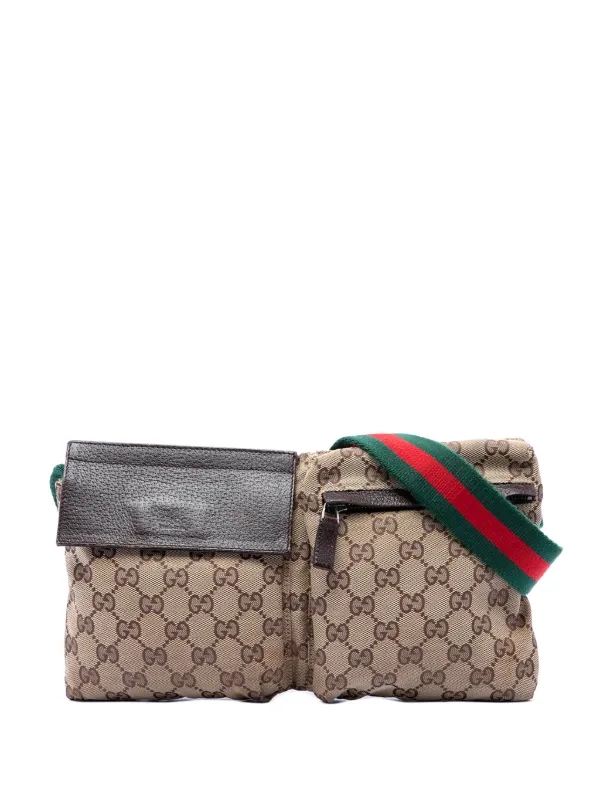 Gucci（グッチ）GGキャンバス × レザー ダブルポケット ベルトバッグ Gucci Pre-Owned 2000-2015 GGキャンバス ウェブ ダブル ポケット