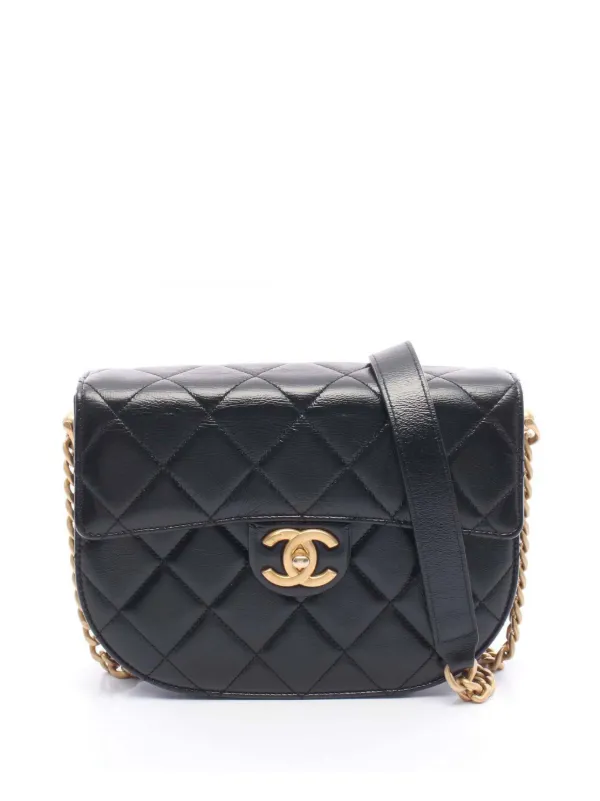 Chanel Pre-owned 2021-2026 Mini CC Quilted Shiny Calfskin Round Moon Messenger Flap Crossbody Bag in Black
