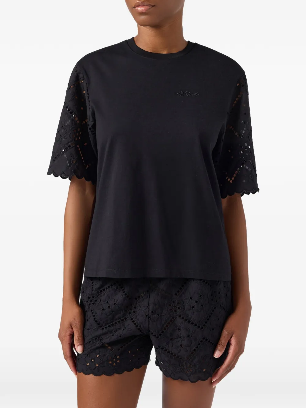 MC2 Saint Barth Maisa T-shirt met broderie anglaise mouwen Zwart