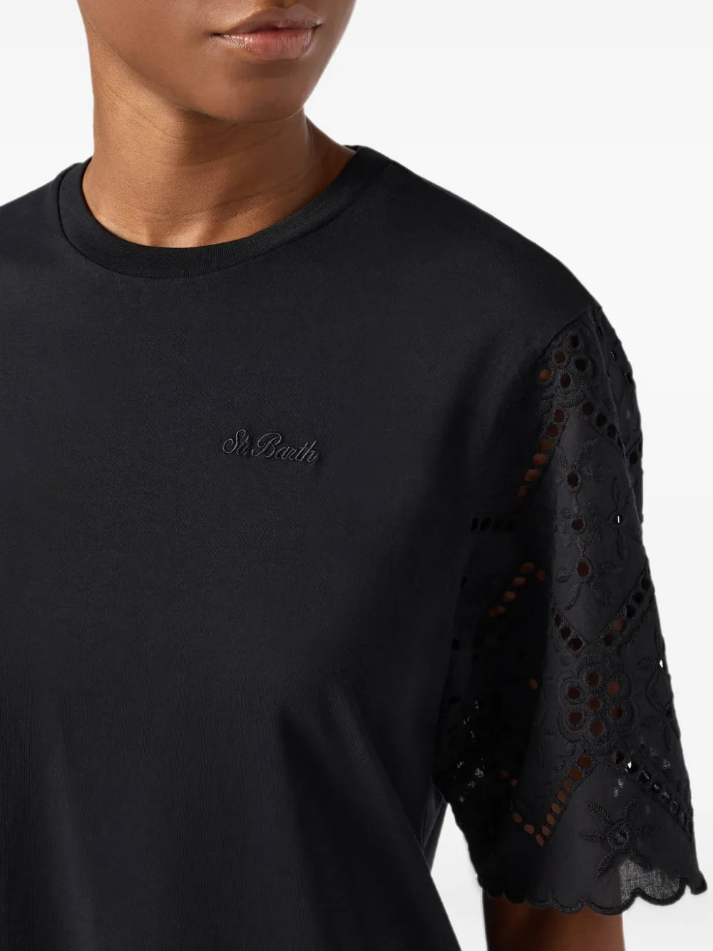 MC2 Saint Barth Maisa T-shirt met broderie anglaise mouwen Zwart