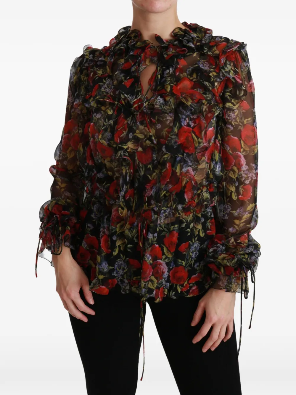 Dolce & Gabbana Blusa a fiori con ruches - Nero