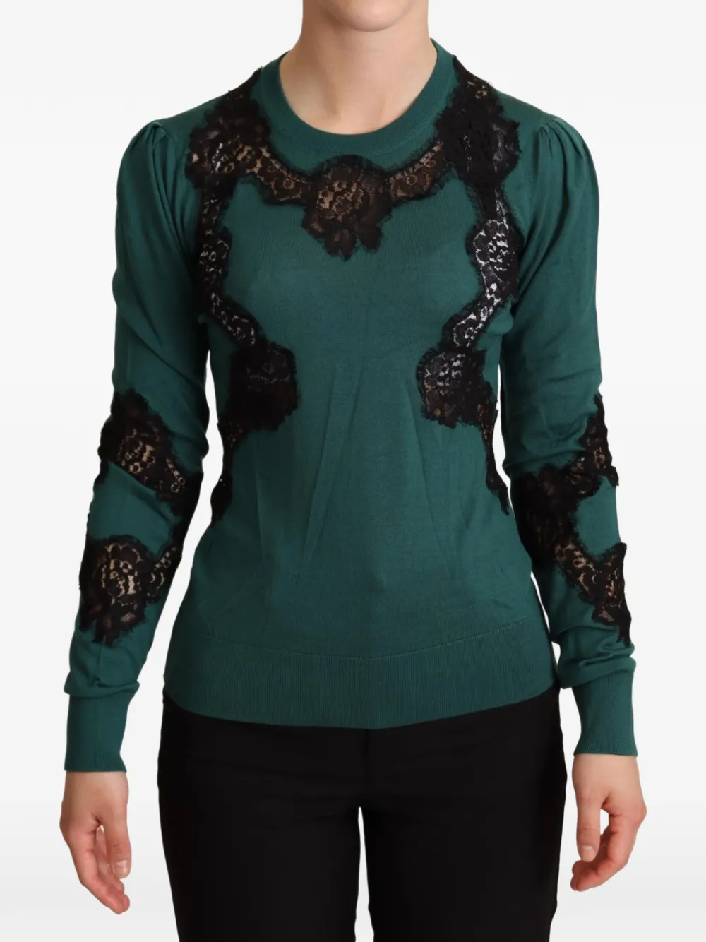 Dolce & Gabbana Puffärmel-Pullover mit Spitzenbesatz - Grün
