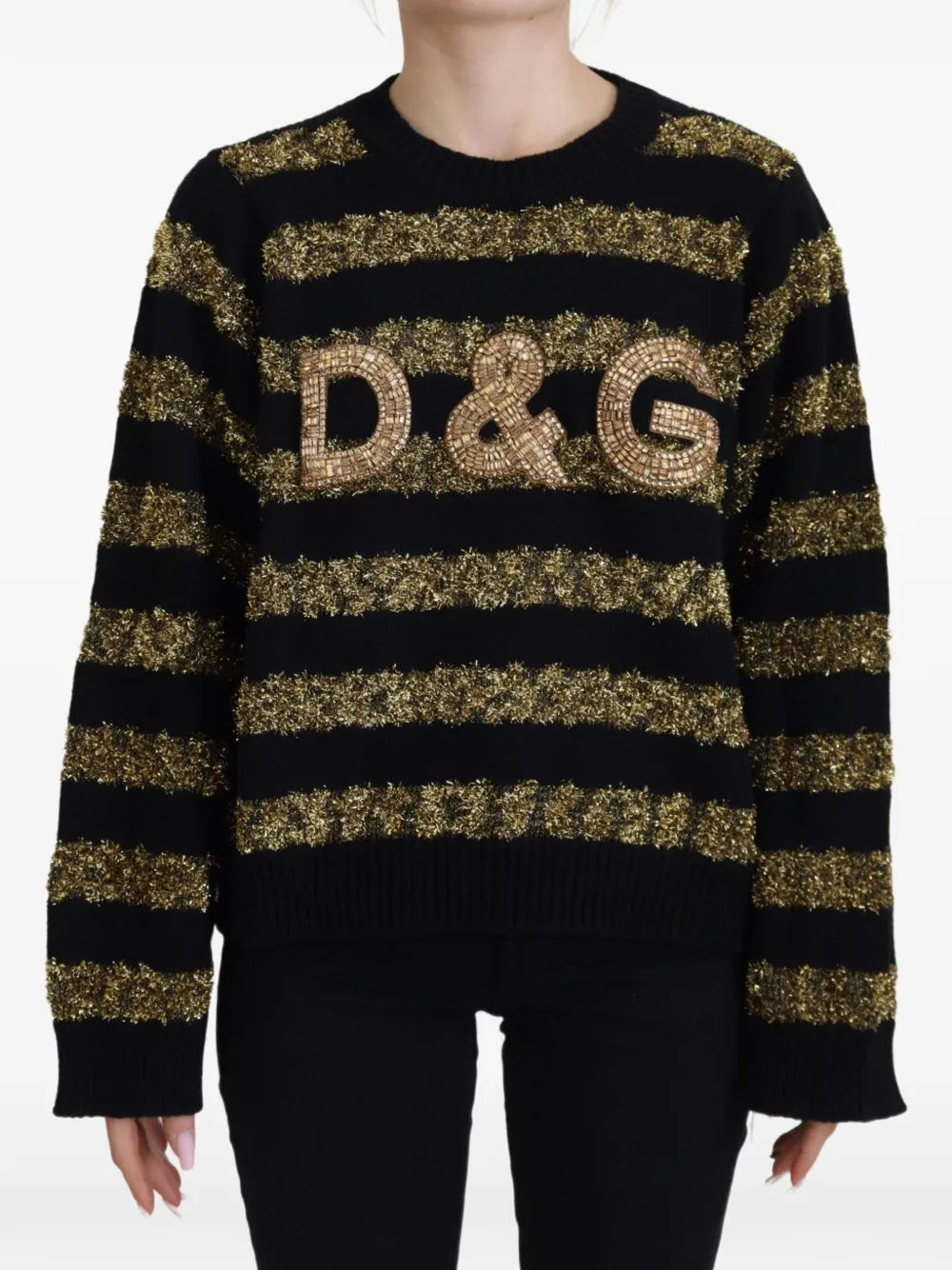 Dolce & Gabbana Maglione a righe con cristalli D&G - Nero