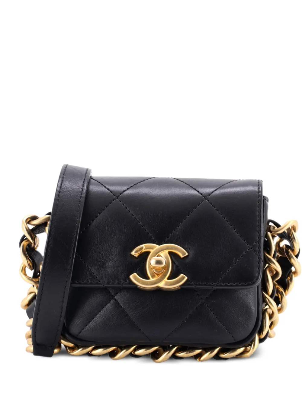 CHANEL Pre-Owned Borsa a tracolla mini in pelle di vitello trapuntata con battente e catena - Nero