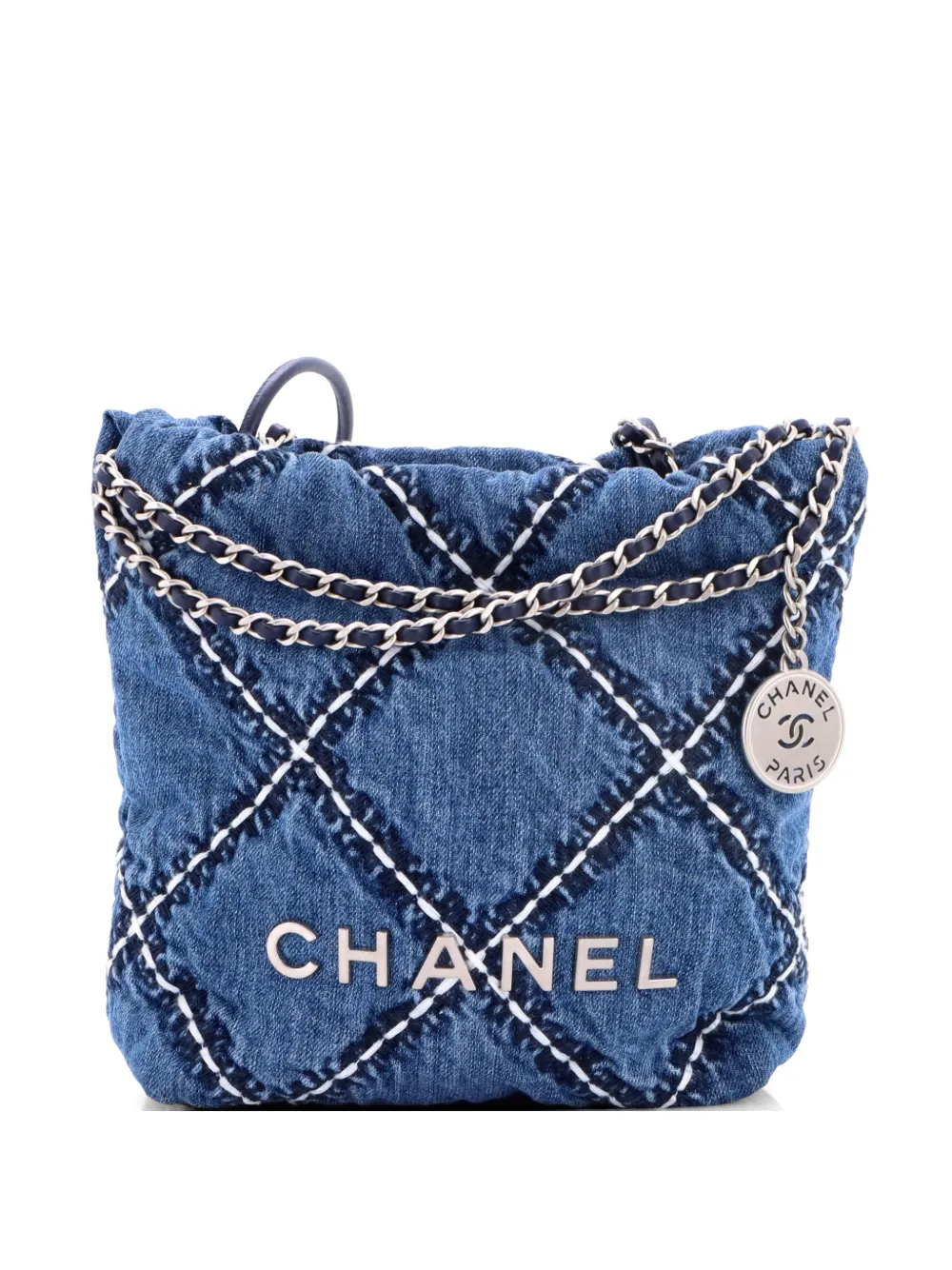 CHANEL Pre-Owned 22 Chain Quilted Stitched Denim Mini hobo bag - Blu