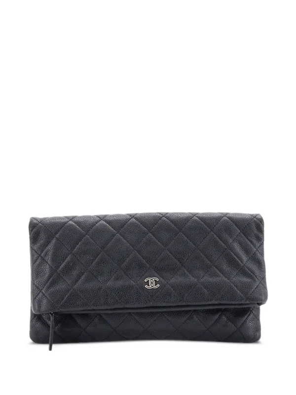 Chanel Pre-owned CC Foldover Quilted Caviar Clutch Bag in Black