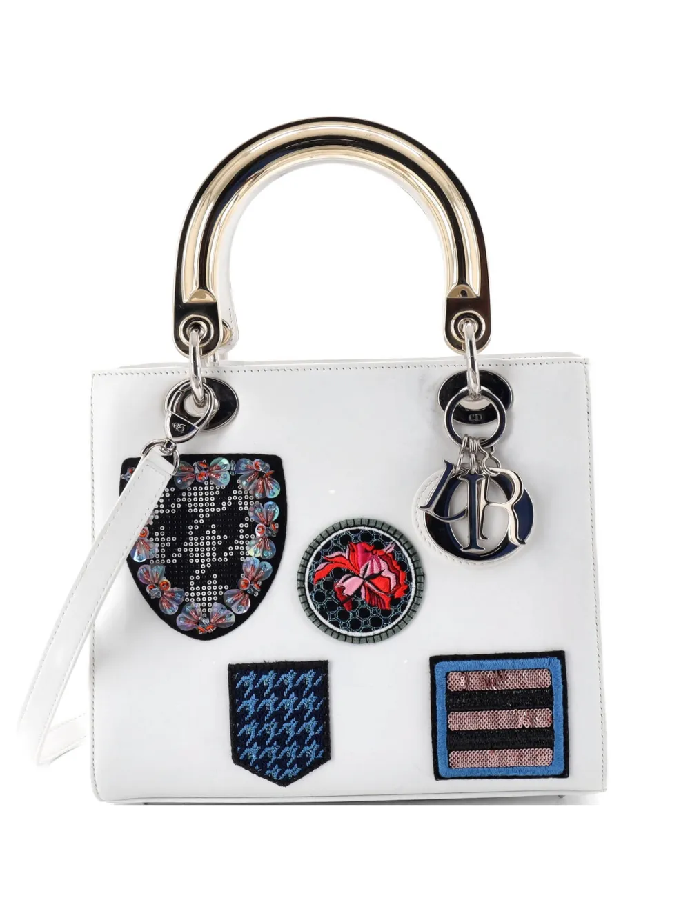 Pre-owned Dior Lady  Bag Patch Embellished Leather Medium Satchel In White
