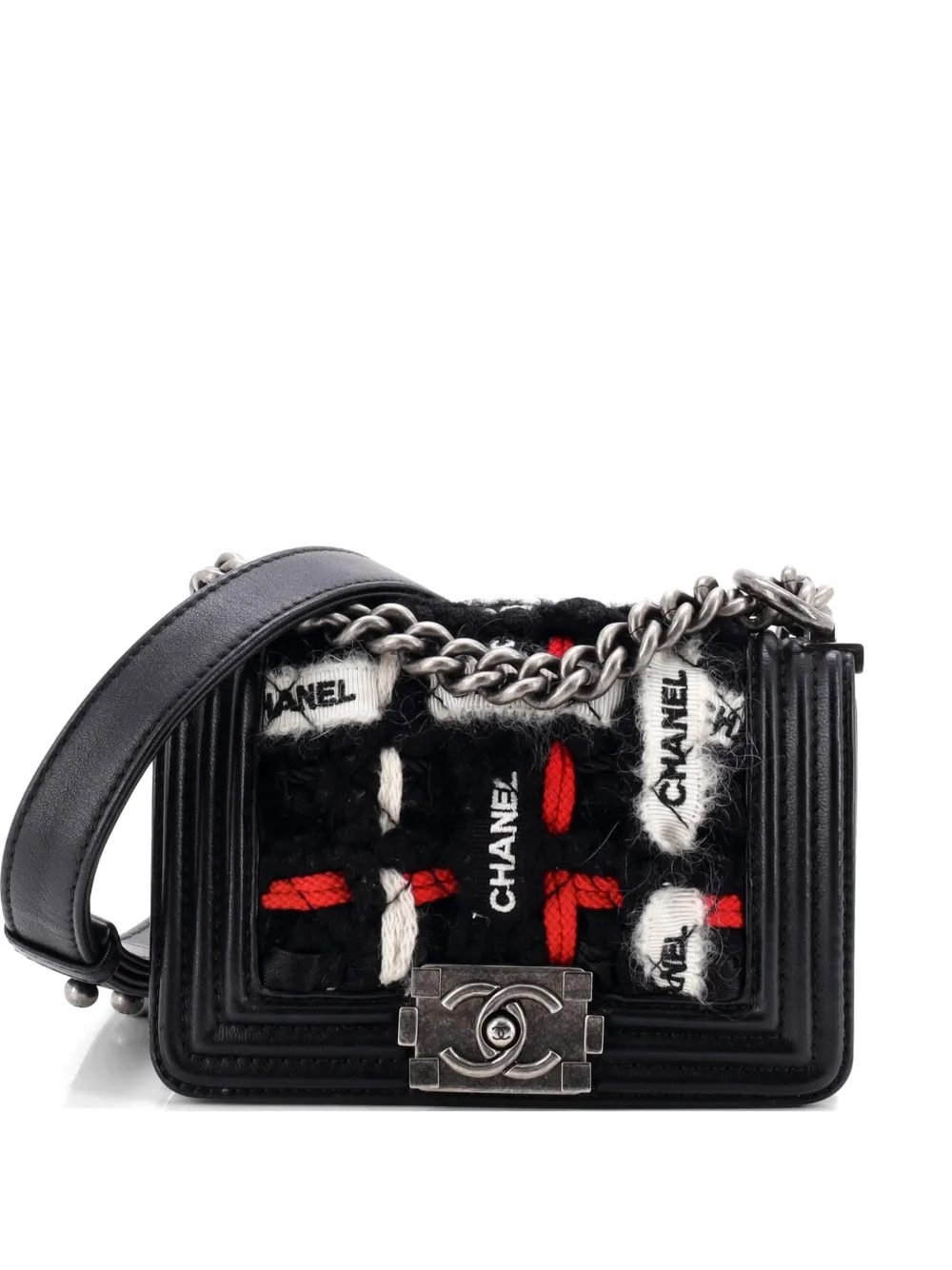 CHANEL Pre-Owned Borsa a spalla Boy Flap piccola in tweed trapuntato con logo - Nero