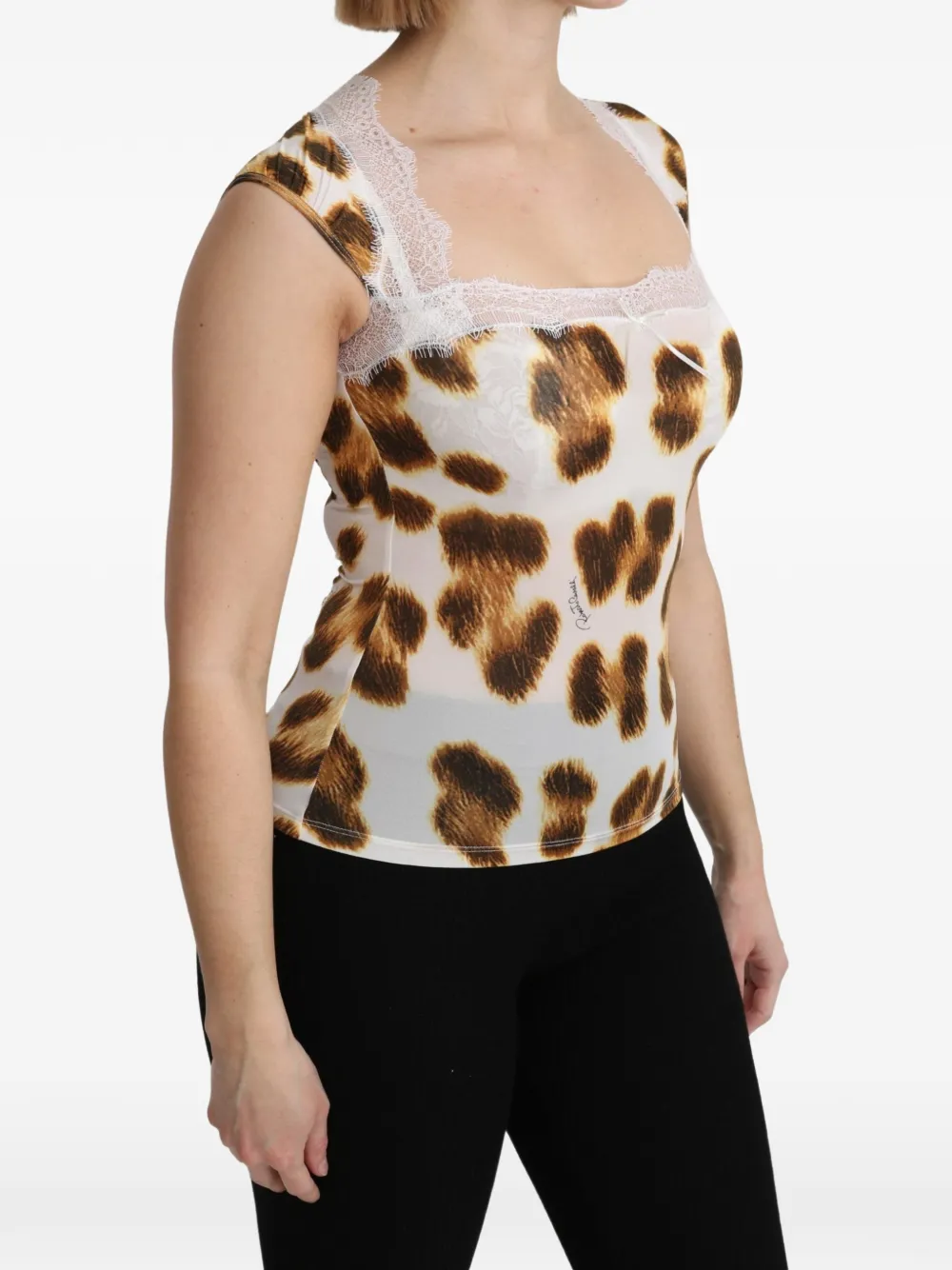 Roberto Cavalli Top met afwerking van kant en luipaardprint Wit