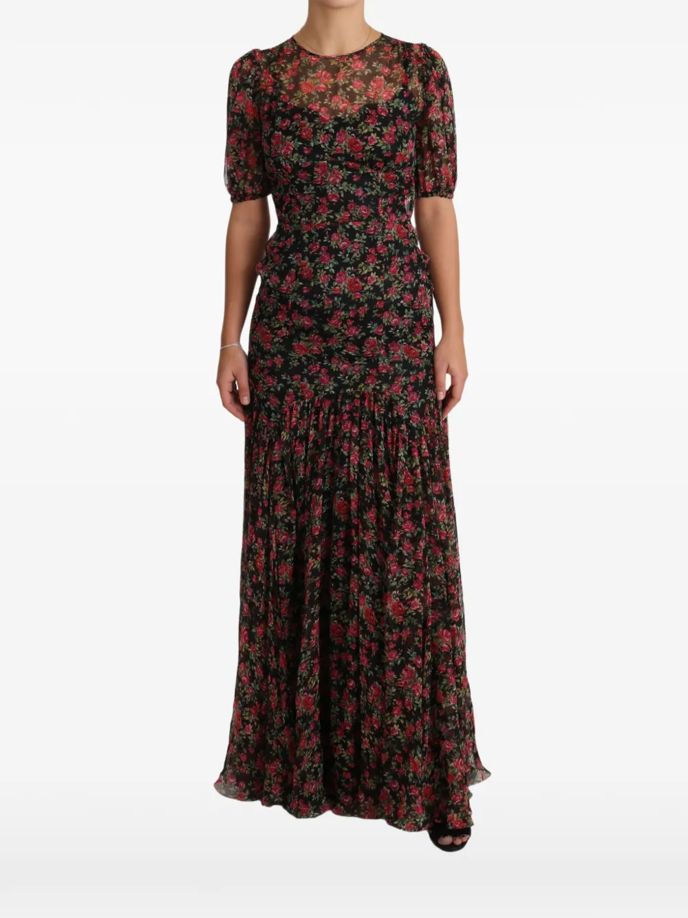 Dolce & Gabbana Abito a fiori con maniche a palloncino - Nero