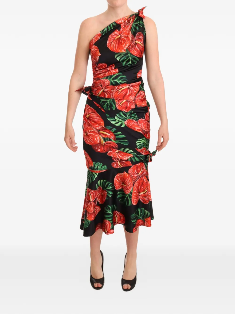 Dolce & Gabbana Abito midi monospalla a fiori - Nero