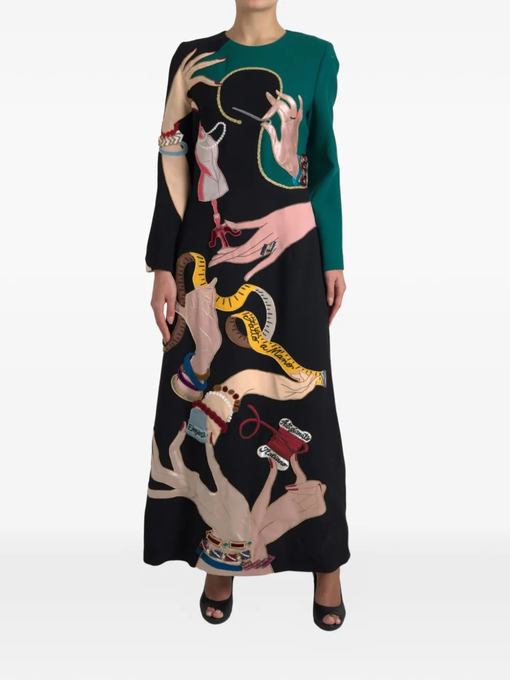 Dolce & Gabbana Abito lungo svasato con ricamo - Nero