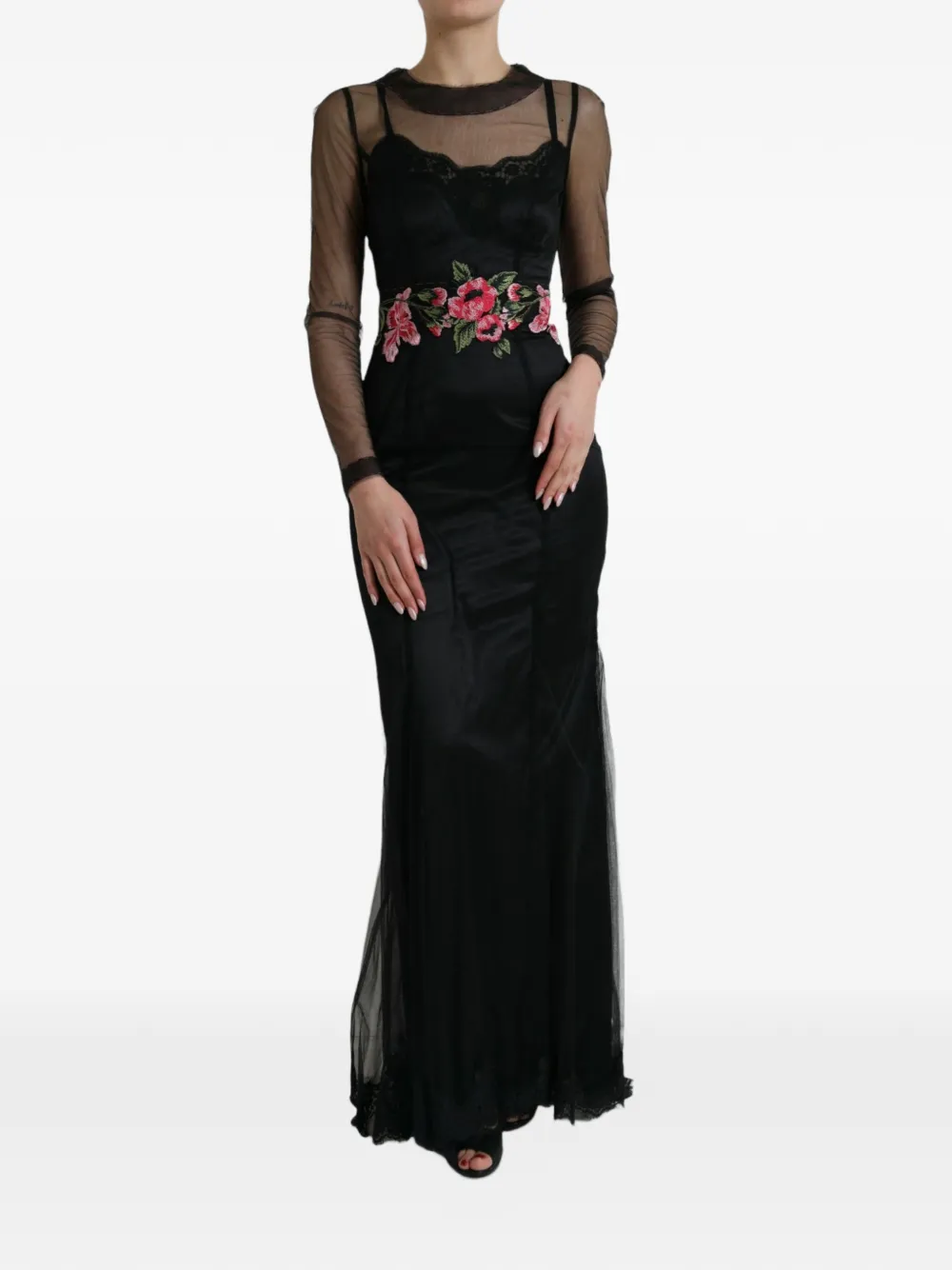 Dolce & Gabbana Abito lungo con ricamo a fiori - Nero