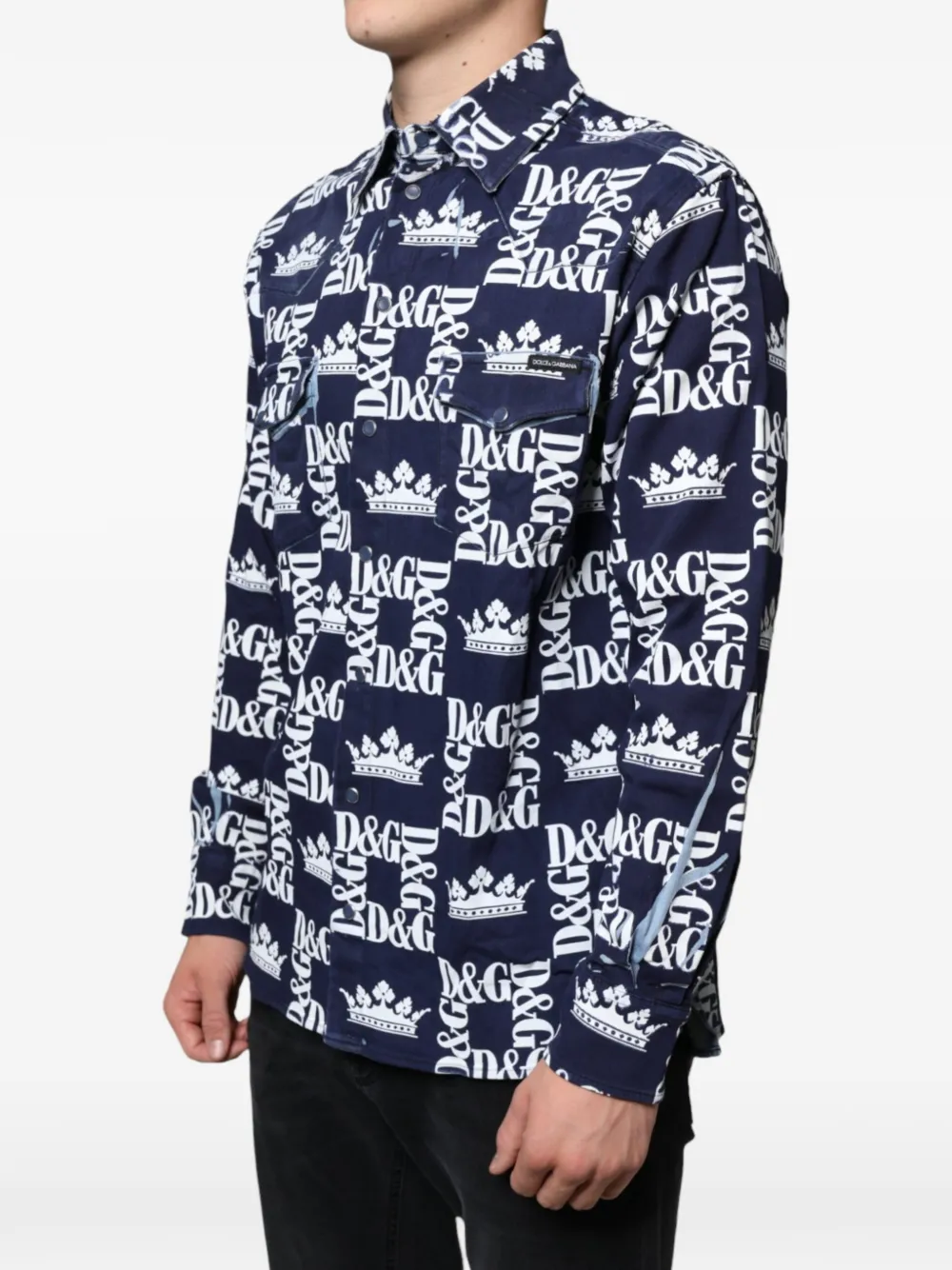 Dolce & Gabbana Crown logoprint denim blouse Blauw
