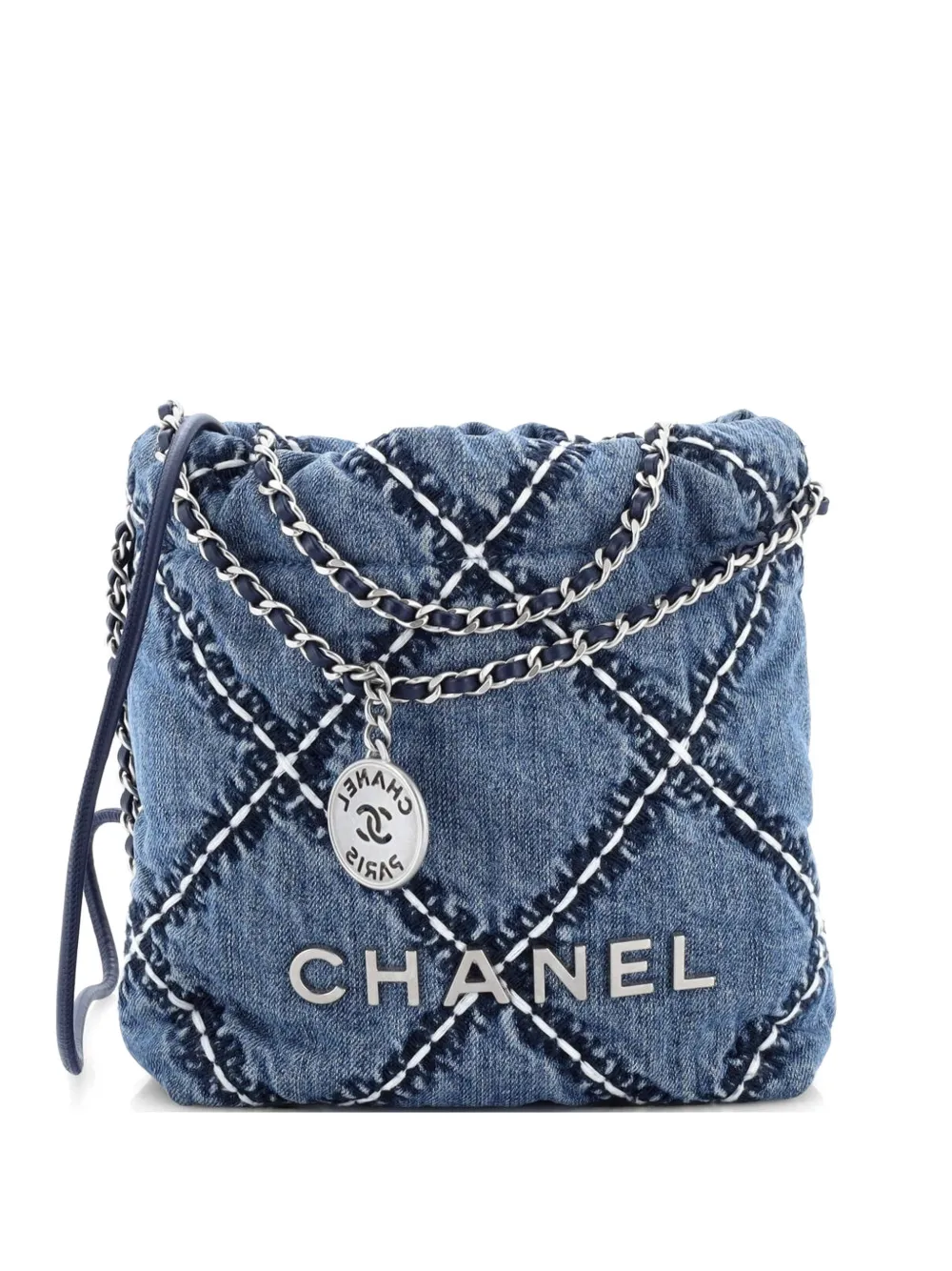 CHANEL Pre-Owned Borsa passepartout 22 mini in denim trapuntato con catena - Blu
