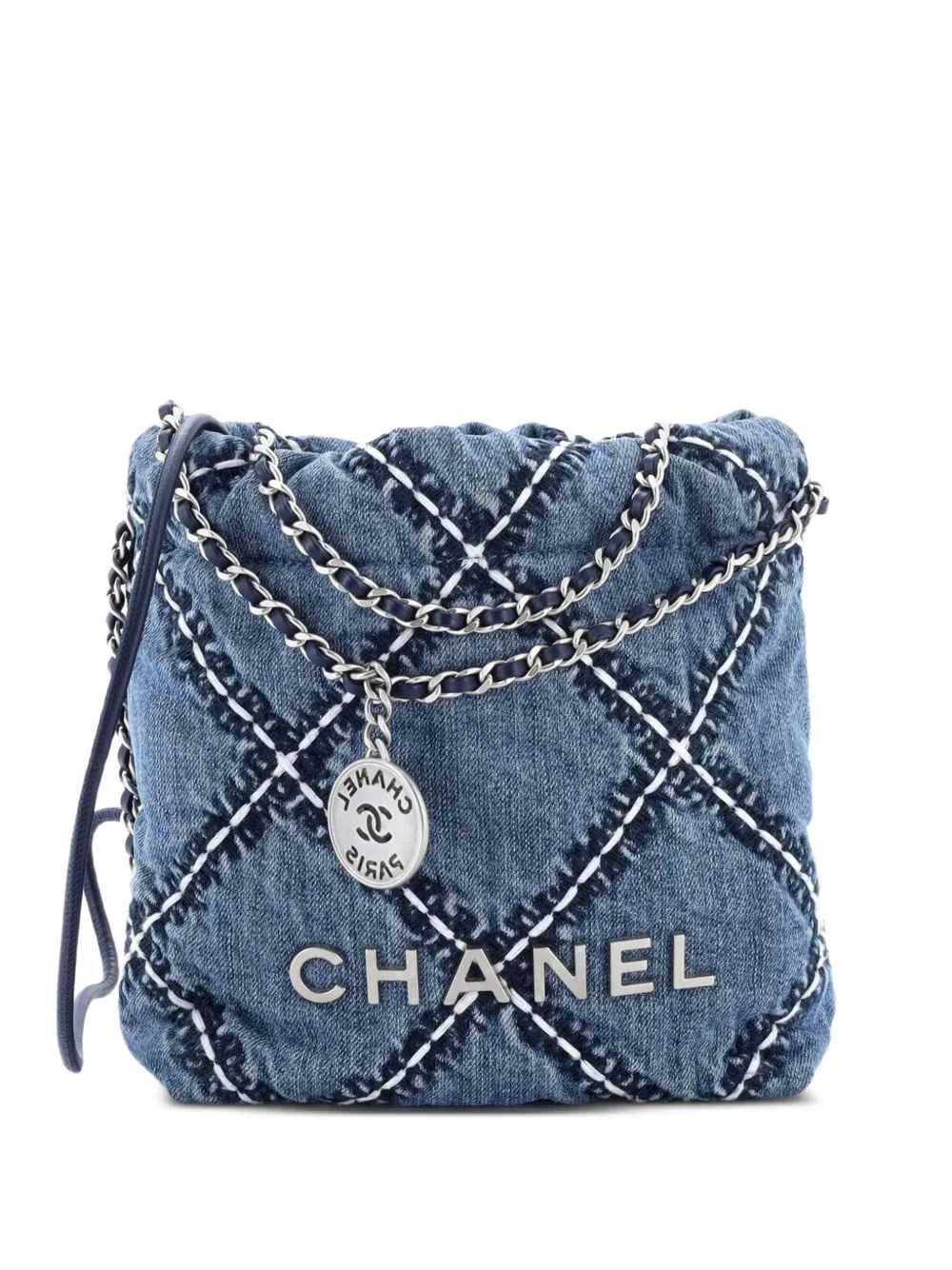 CHANEL Pre-Owned Borsa passepartout 22 mini in denim trapuntato con catena - Blu
