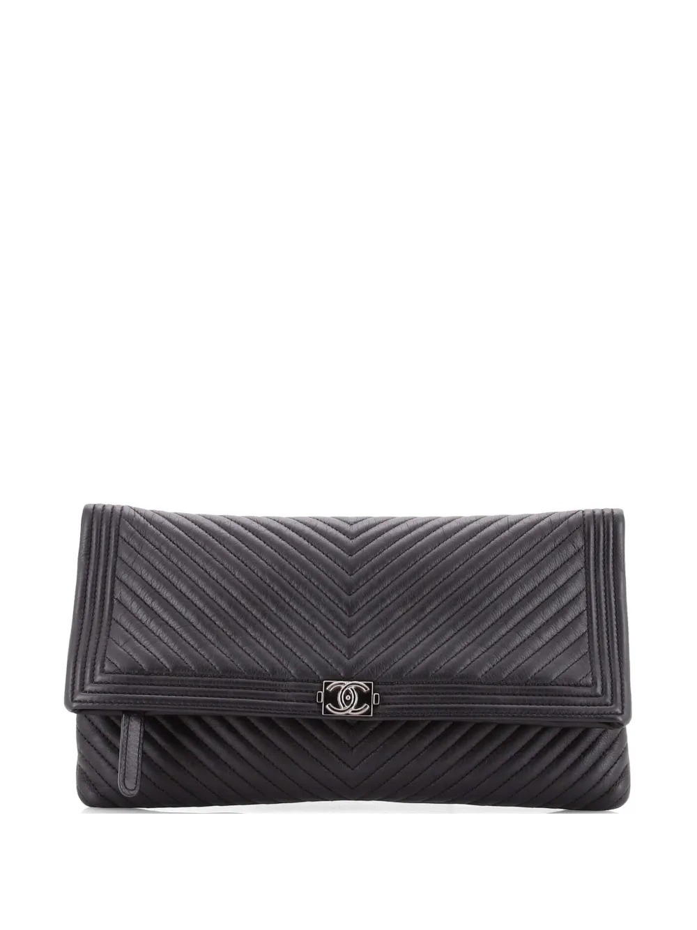 Pre-owned Chanel Boy Beauty Cc Chevron Leather Clutch Bag In Black