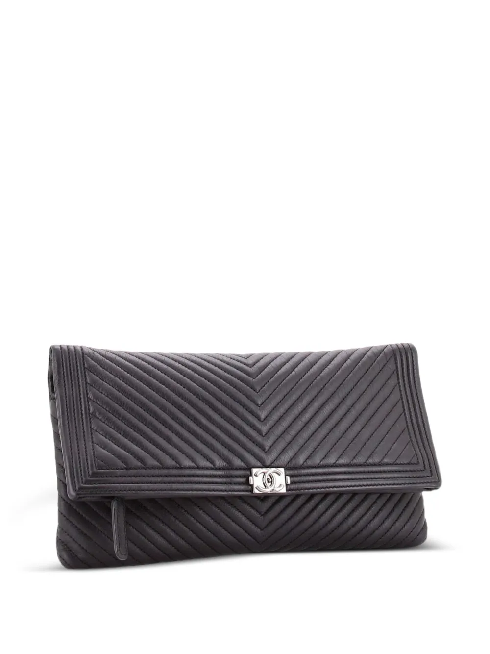 Chanel Pre-owned Boy Beauty CC Chevron Leather Clutch Bag in Black, view 3