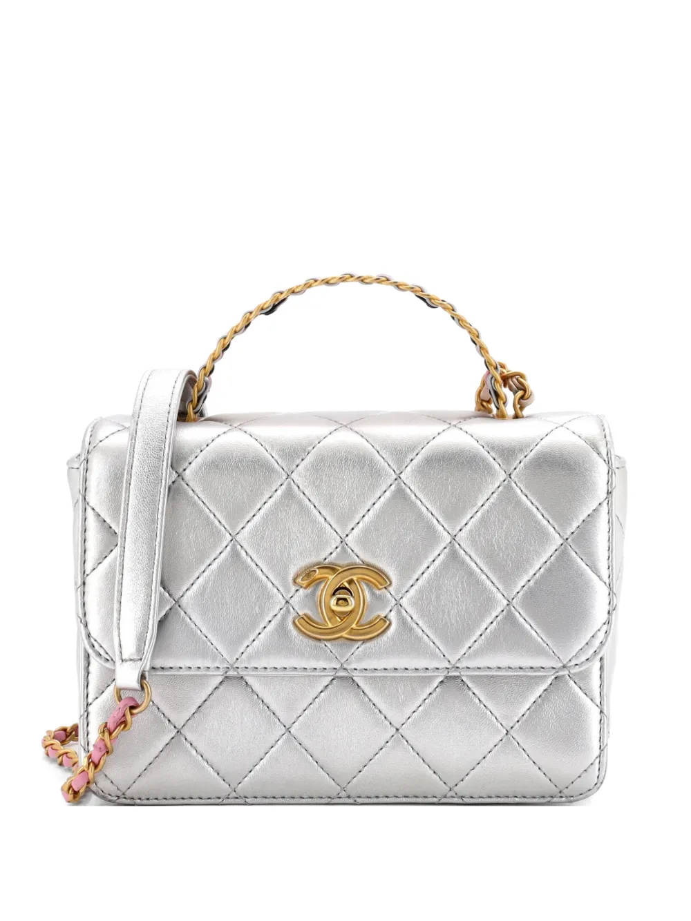 CHANEL Pre-Owned Logo Links Top Handle Flap Bag Quilted Calfskin Mini satchel - Argento