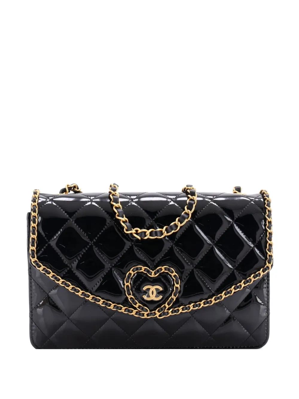CHANEL Pre-Owned Heart Chain Flap Bag Quilted Patent Small crossbody bag - Nero