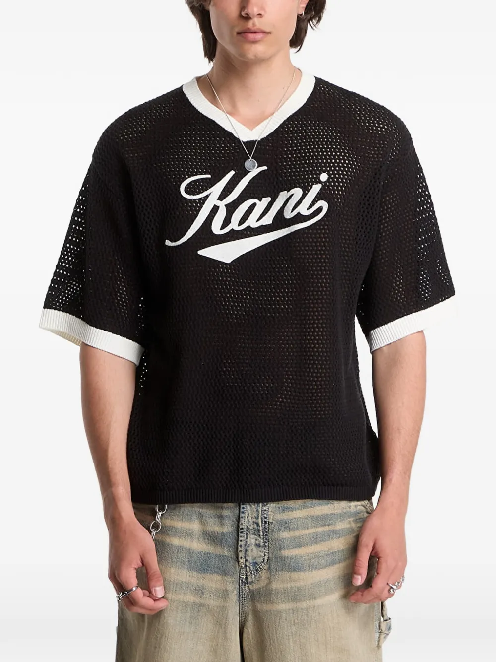 karl kani logo-embroidered mesh T-shirt - Nero