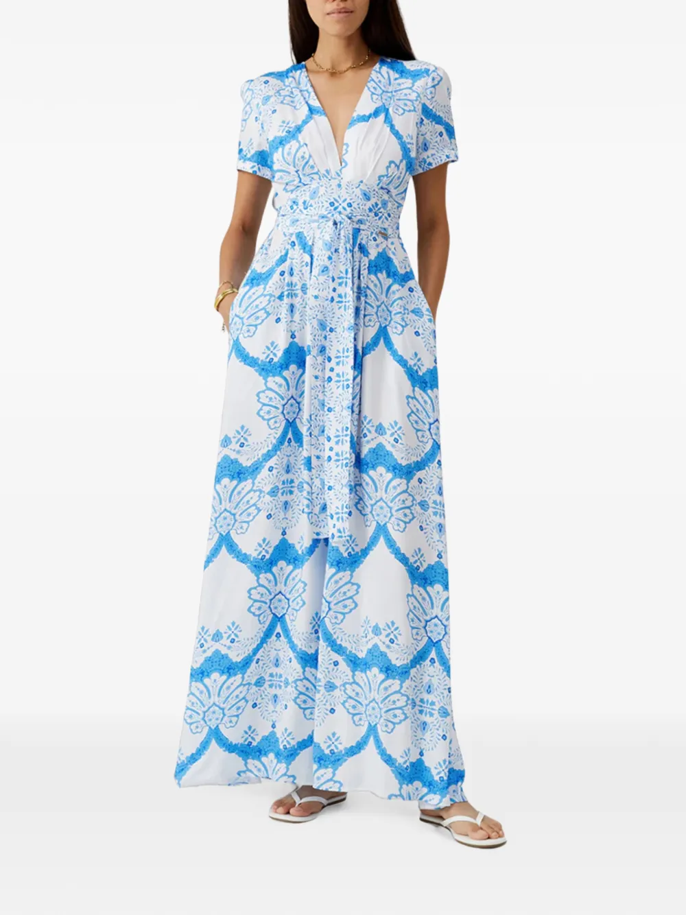 Melissa Odabash Lou maxi-jurk met bloemen-print en gestrikte taille Blauw