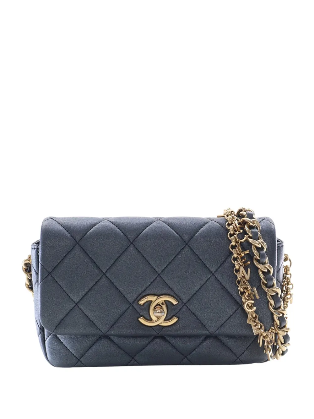 CHANEL Pre-Owned 2021-2026 Small Quilted Lambskin Logo Charm Chain Flap crossbody bag - Nero