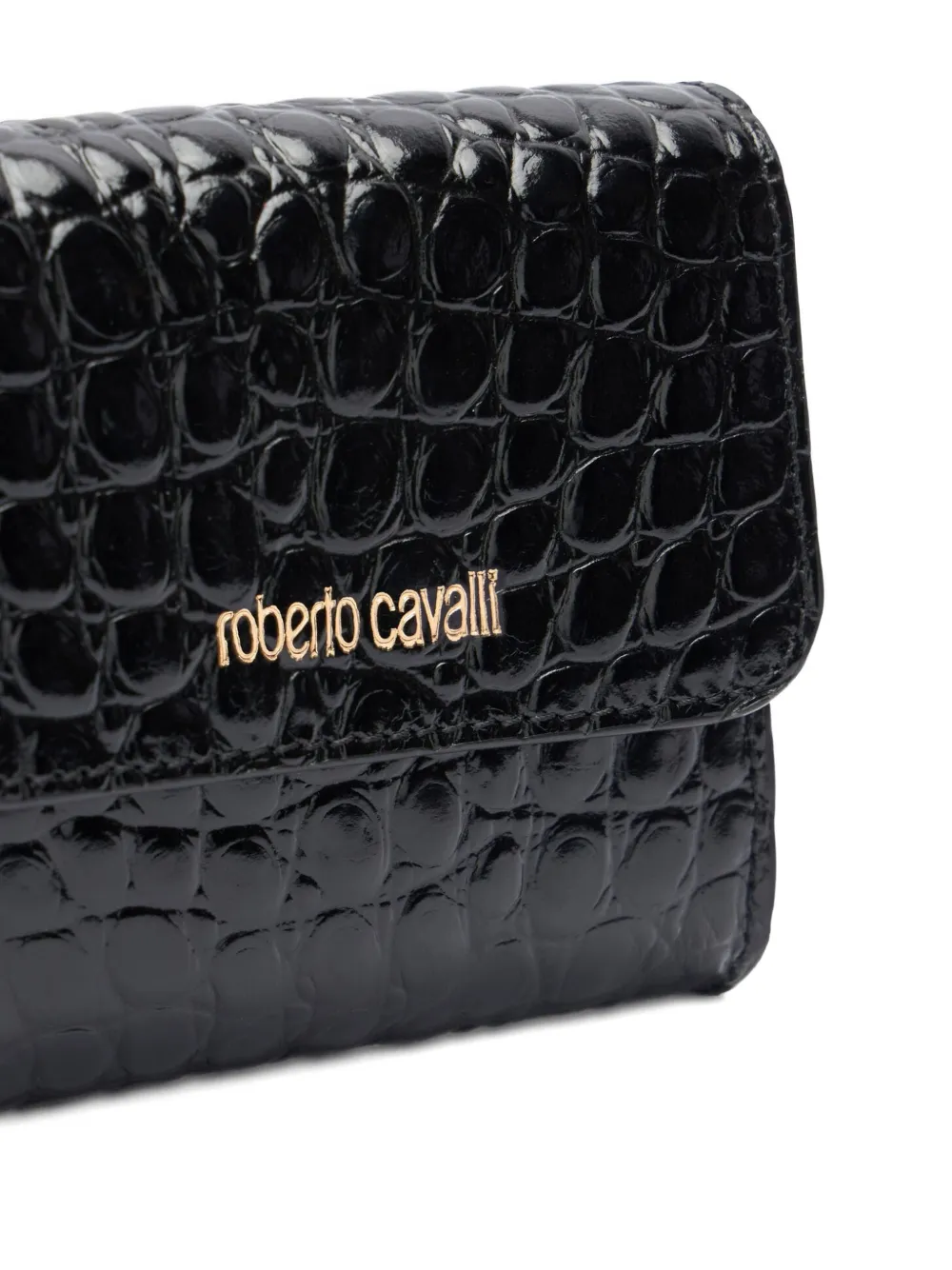 Roberto Cavalli Pasjeshouder met krokodillen-reliëf en logo Zwart