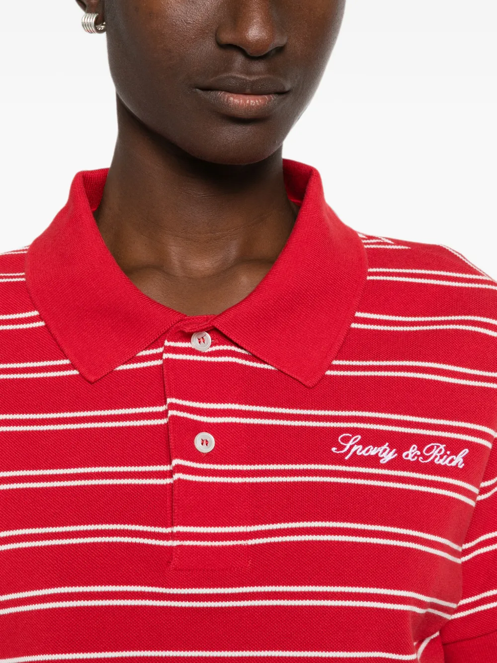 Sporty & Rich Striped logo-embroidered Cotton Polo Shirt | Red