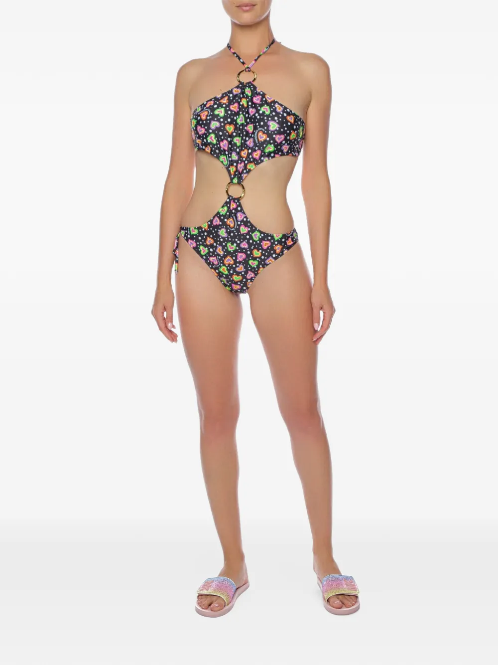 Moschino heart-print ring-detail swimsuit Zwart