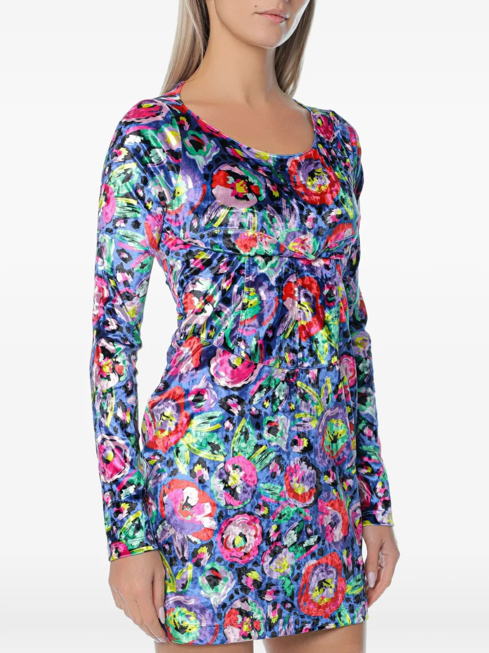 Chiara Ferragni floral-print corset-style long-sleeved fitted mini dress Blauw
