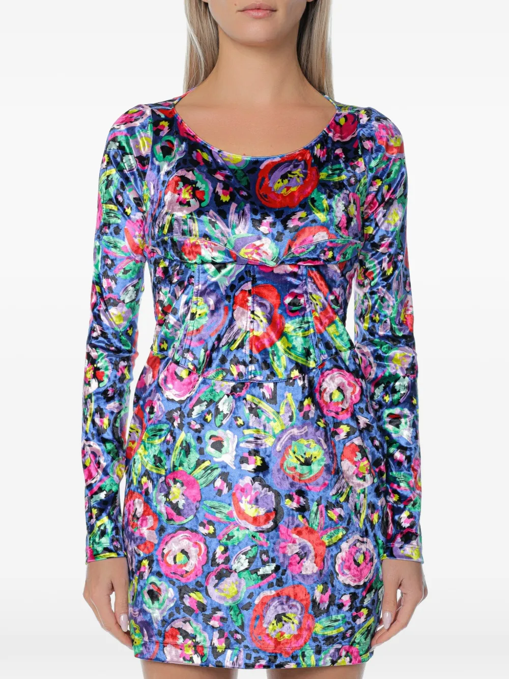 Chiara Ferragni floral-print corset-style long-sleeved fitted mini dress - Bleu Chiara Ferragni floral-print corset-style long-sleeved fitted mini dress - Bleu
