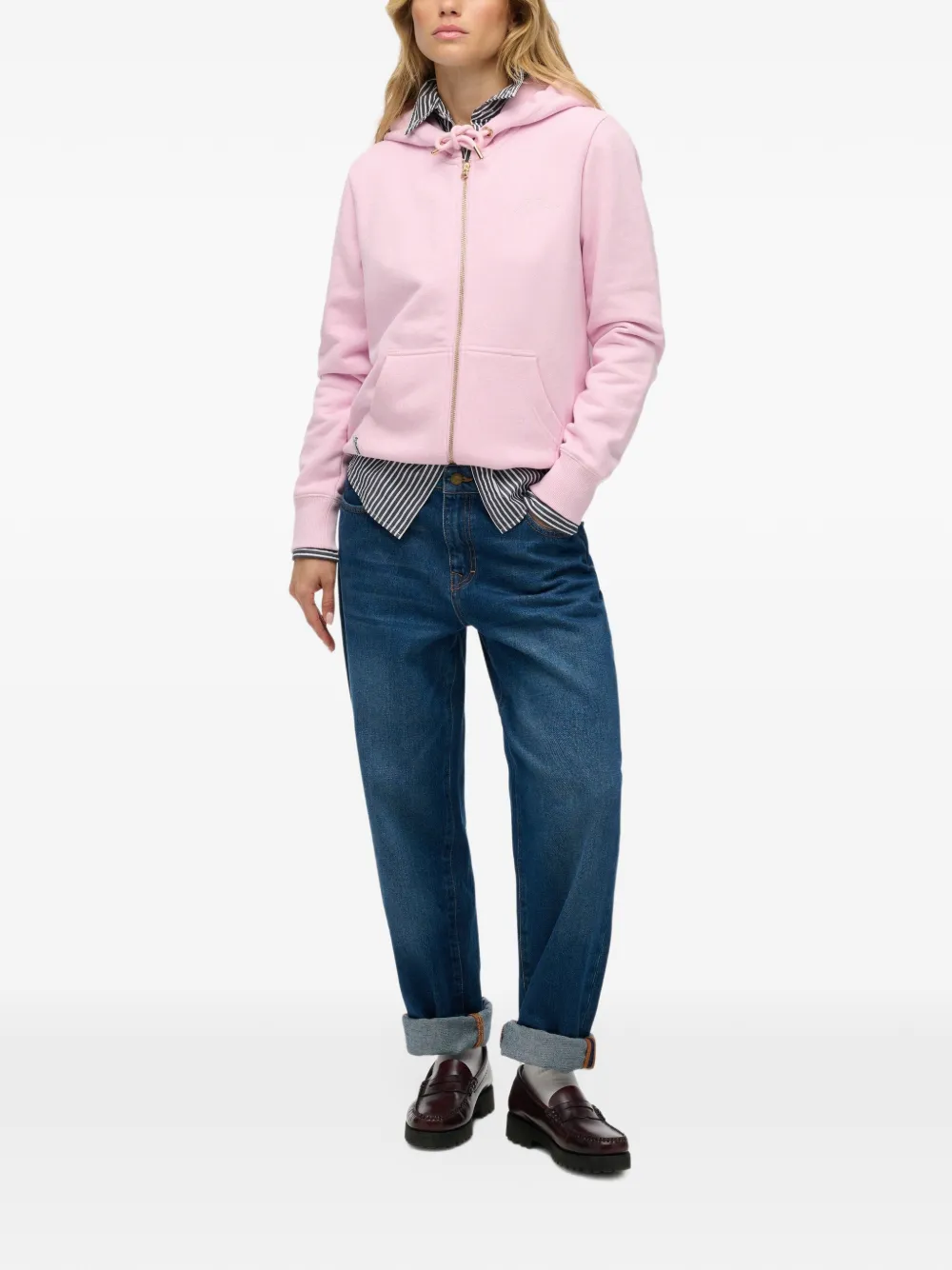 Superdry logo-embroidered zip-up hoodie Roze