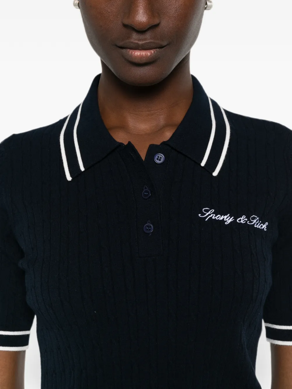 Sporty & Rich Kabelgebreid poloshirt met geborduurd logo Blauw