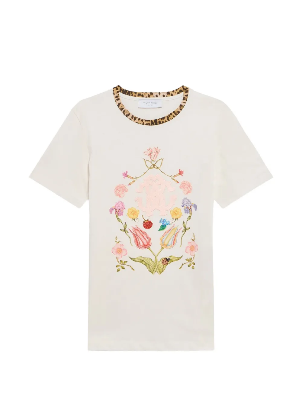 Roberto Cavalli Junior floral-print leopard-trim T-shirt - Toni neutri