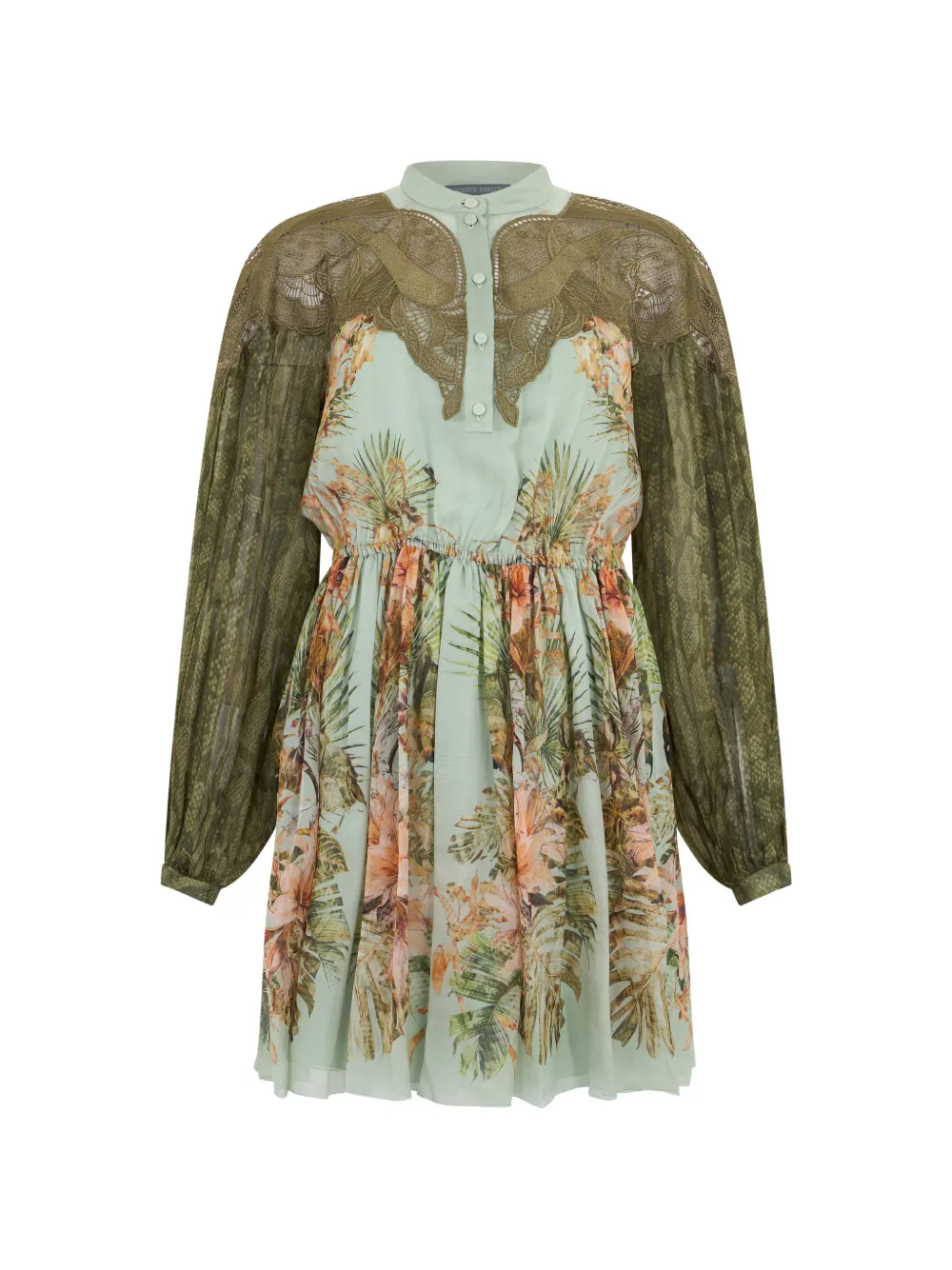 Alberta Ferretti lace-trimmed floral-print mini dress - Verde